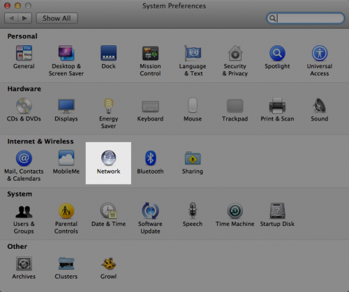 Network preference pane button highlighted in the OS X Lion System Preferences window